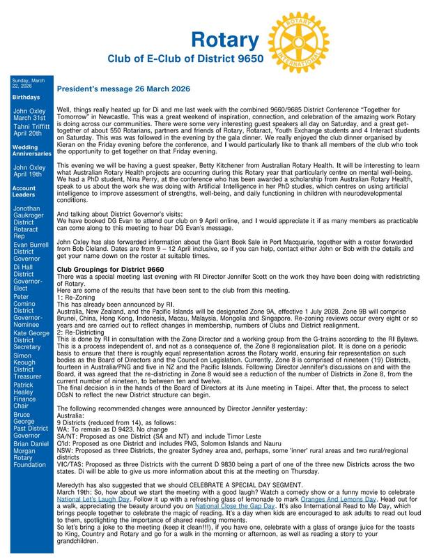 Cover of the club bulletin for 26 March 2026