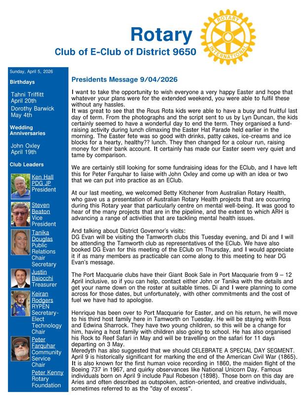 Cover of the club bulletin for 9 April 2026
