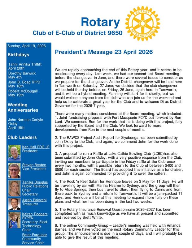 Cover of the club bulletin for 19 April 2026