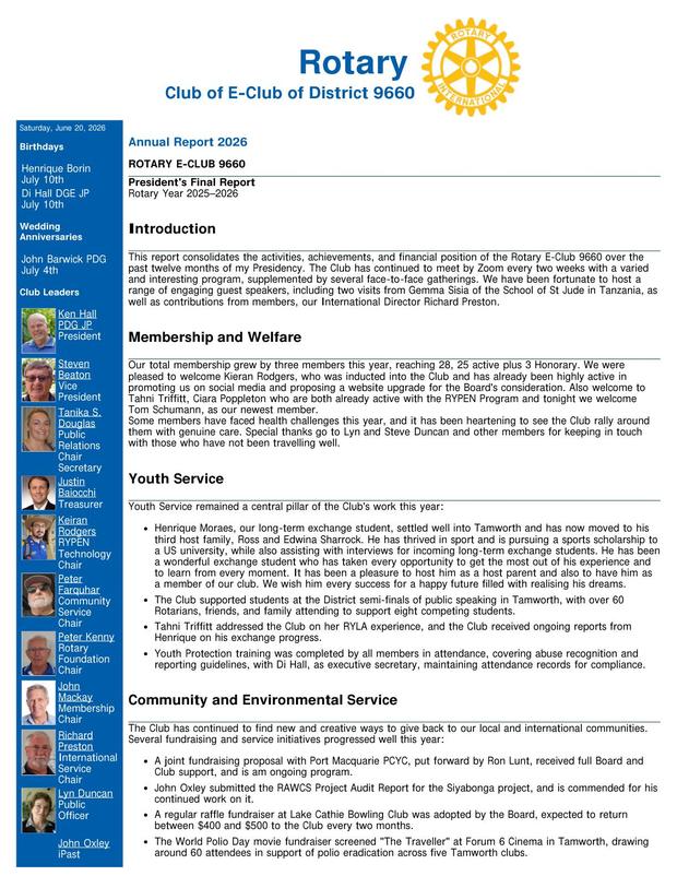 Cover of the club bulletin for 26 June 2026