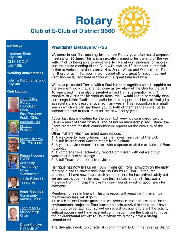 Cover of the club bulletin for 9 July 2026