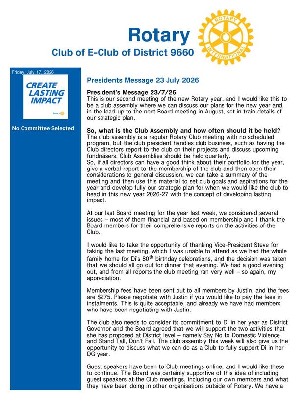 Cover of the club bulletin for 17 July 2026